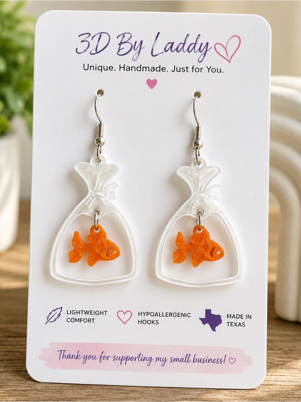White & Orange Fish-in-Bag Dangle Earrings
